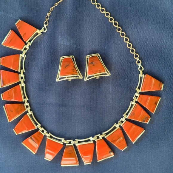 Vintage Estate Charel Signed Triangular Shaped Orange Gold Necklace Earring Set - Picture 1 of 15